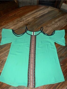Cold-Shoulder Embroidered Trim Women's Top in Teal Green